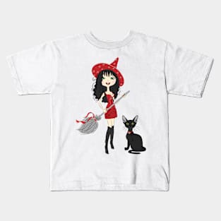 Girl witch with black cat Kids T-Shirt